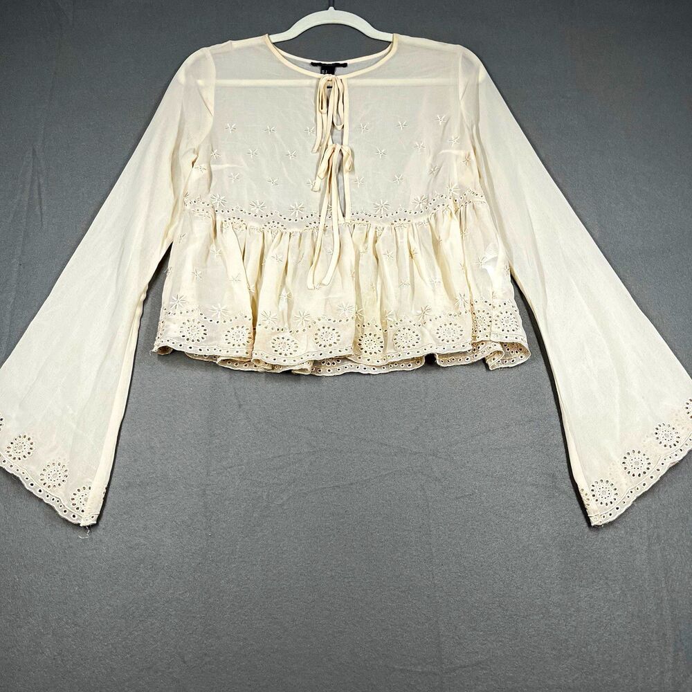 Vintage Forever 21 Ivory Sheer Embroidered Ruffle Bell Sleeve Tie Blouse Size S